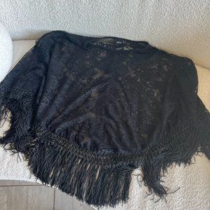 asos black lace poncho with fringe detailing, size 4